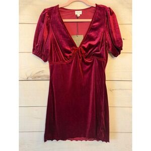Le Lis Collection Burgundy Red Velvet Mini Dress V-Neck Puff Sleeve ID4862 M
